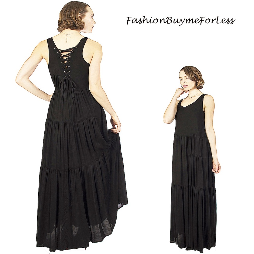 Black BOHO Gypsy Frilled Tiers Tie Back Maxi Dress